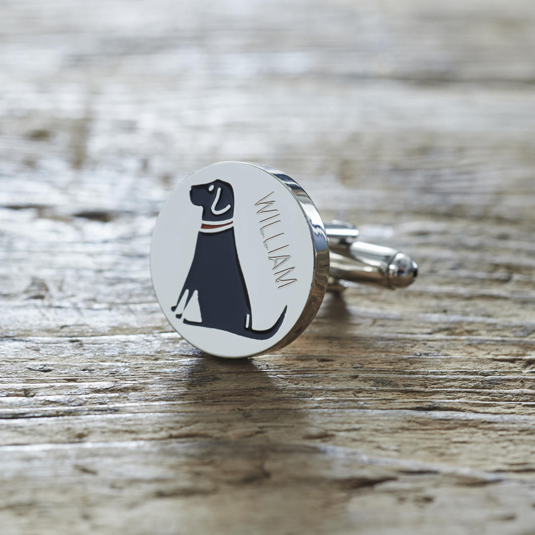 Close-up of personalised Black Labrador cufflink engraved with name on rustic wood — silver-plated gift for Black Lab owners