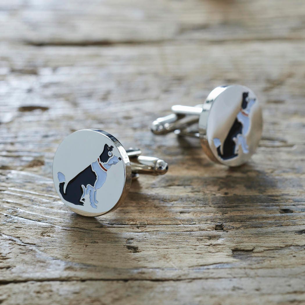 Pair of Border Collie cufflinks on rustic wood — silver-plated with illustrated Border Collie design, T-bar fastening, dog lover gift