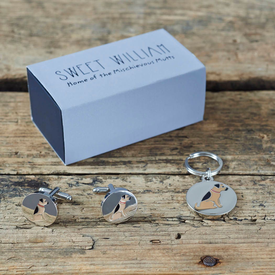 Border Terrier cufflinks and dog tag set with Sweet William Designs gift box — silver-plated Daddy & Me gift for Border Terrier owners