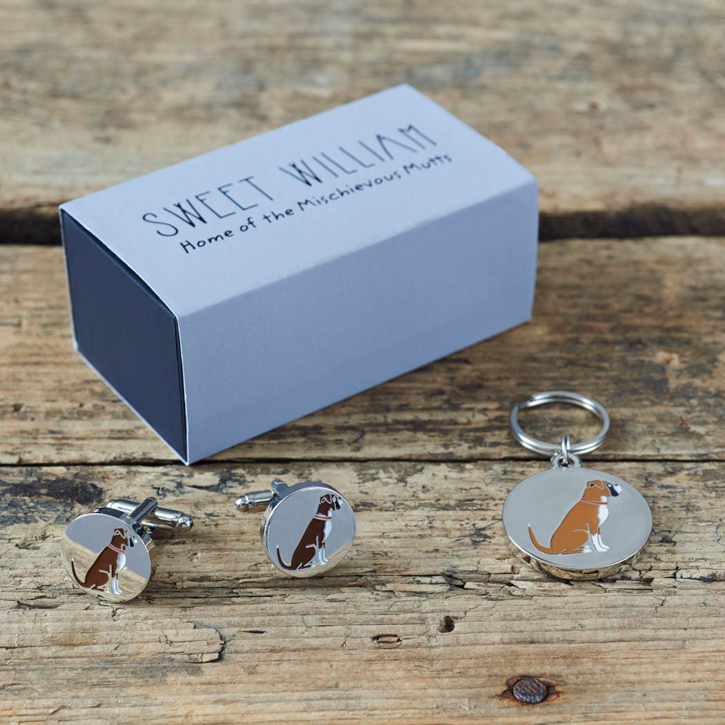 Boxer cufflinks and dog tag set with Sweet William Designs gift box — silver-plated Daddy & Me gift for Boxer owners