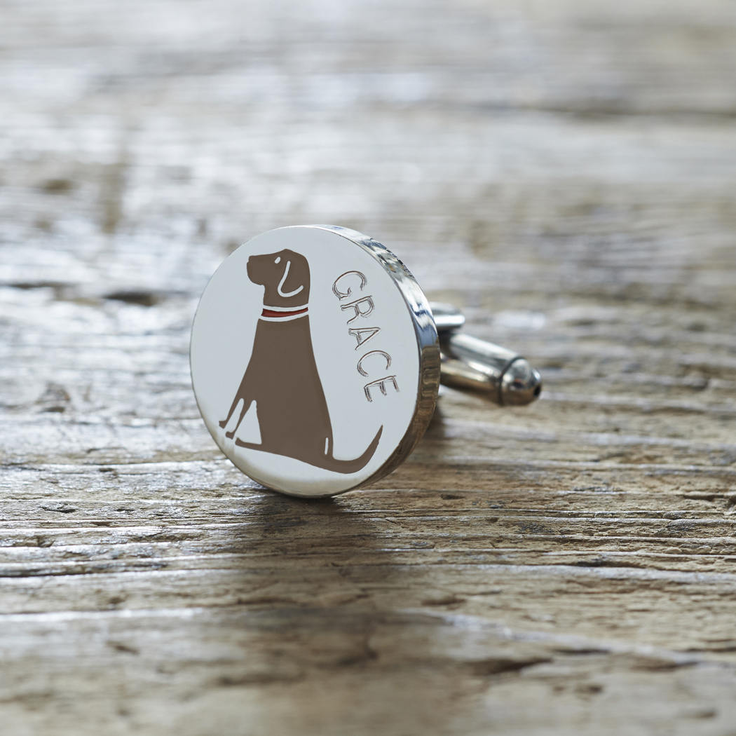 Close-up of personalised Chocolate Labrador cufflink engraved with name on rustic wood — silver-plated gift for Chocolate Lab owners
