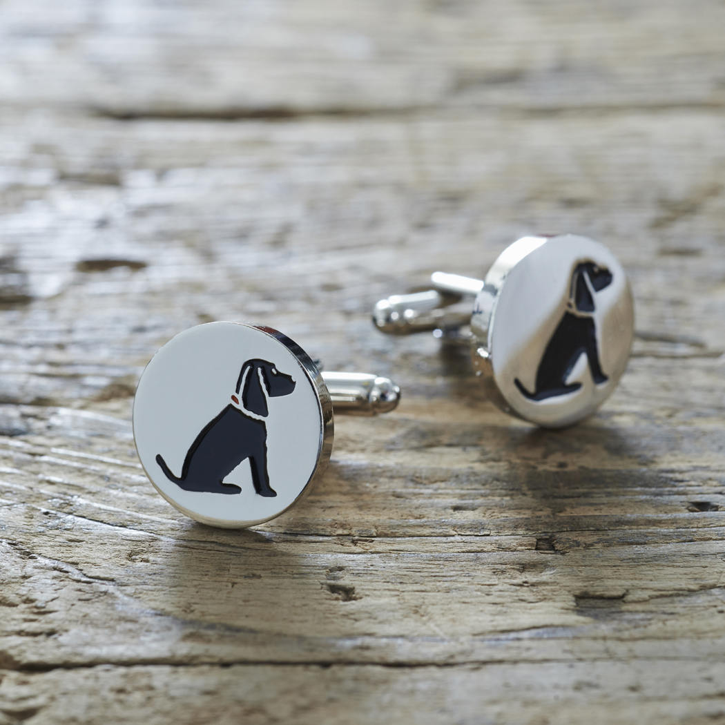 Pair of Black Cocker Spaniel cufflinks on rustic wood — silver-plated with illustrated Black Cocker Spaniel and red collar, T-bar fastening, dog lover gift