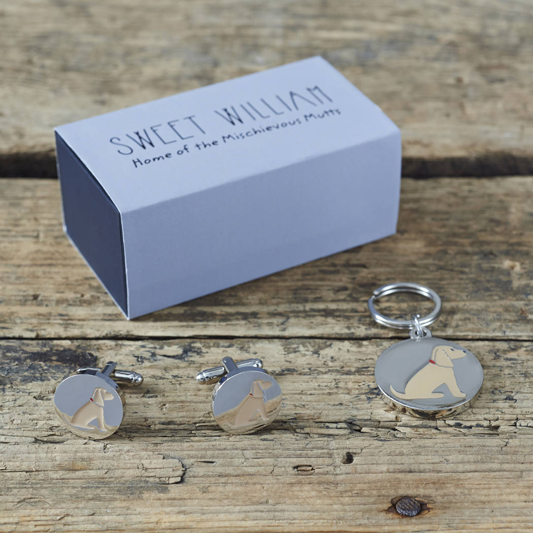 Golden Cocker Spaniel cufflinks and dog tag set with Sweet William Designs gift box — silver-plated Daddy & Me gift for Cocker Spaniel owners