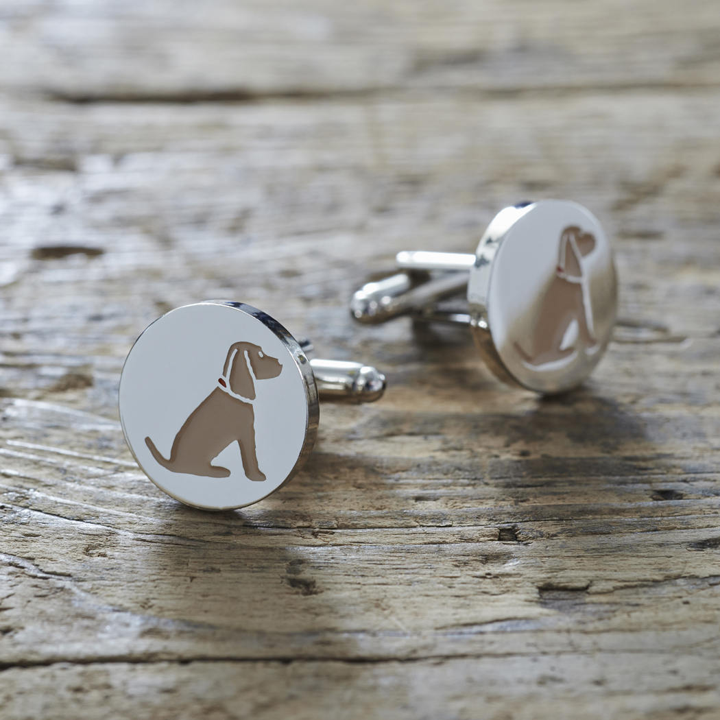 Pair of Golden Cocker Spaniel cufflinks on rustic wood — silver-plated with illustrated Golden Cocker Spaniel and red collar, T-bar fastening, dog lover gift