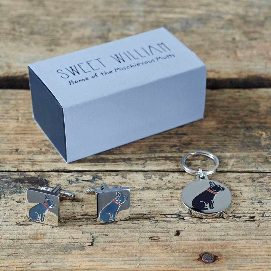 French Bulldog cufflinks and dog tag set with Sweet William Designs gift box — silver-plated Daddy & Me gift for French Bulldog owners