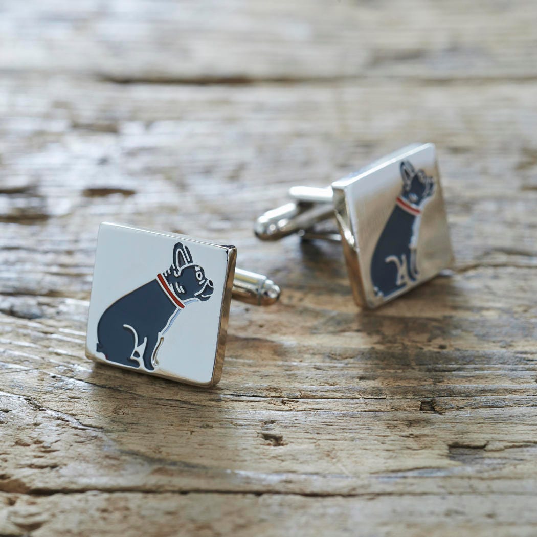 Pair of French Bulldog cufflinks on rustic wood — silver-plated with illustrated French Bulldog and red collar, T-bar fastening, dog lover gift