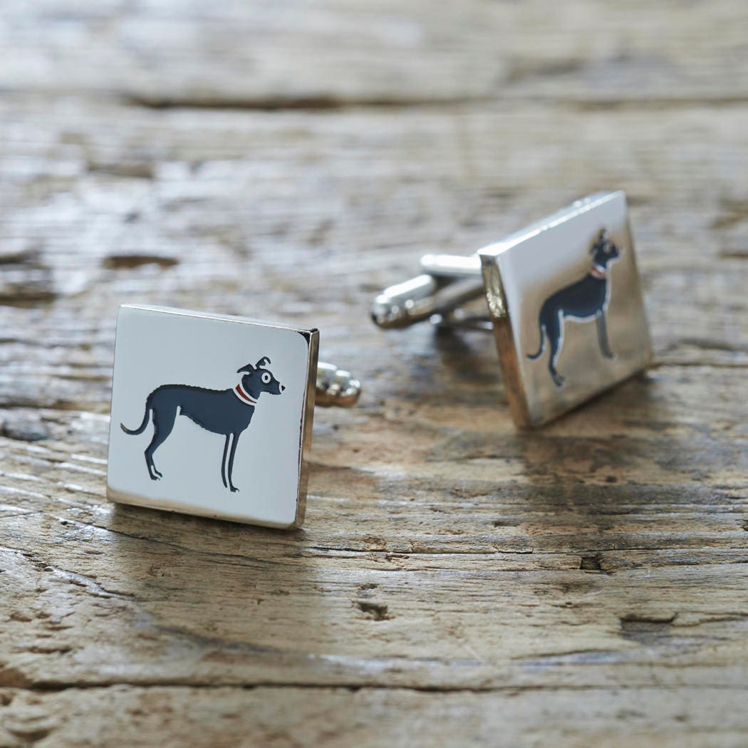 Pair of Lurcher cufflinks on rustic wood — silver-plated with illustrated Lurcher design, T-bar fastening, dog lover gift