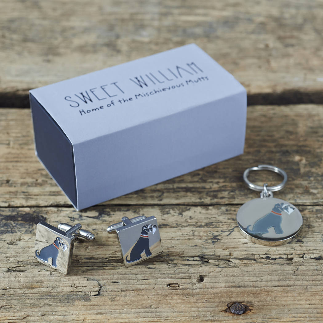 Grey Schnauzer cufflinks and dog tag set with Sweet William Designs gift box — silver-plated Daddy & Me gift for Grey Schnauzer owners