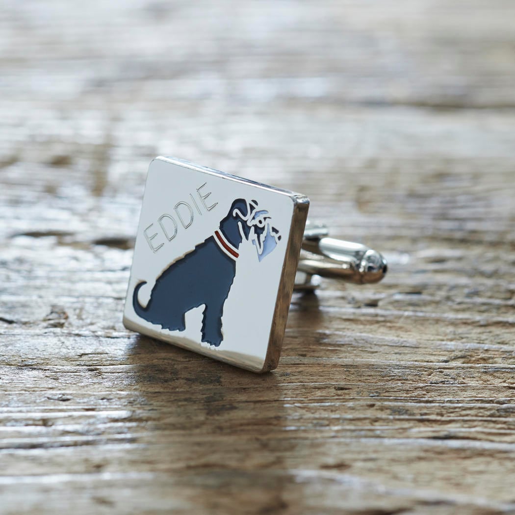 Close-up of personalised Grey Schnauzer cufflink engraved with name on rustic wood — silver-plated gift for Grey Schnauzer owners