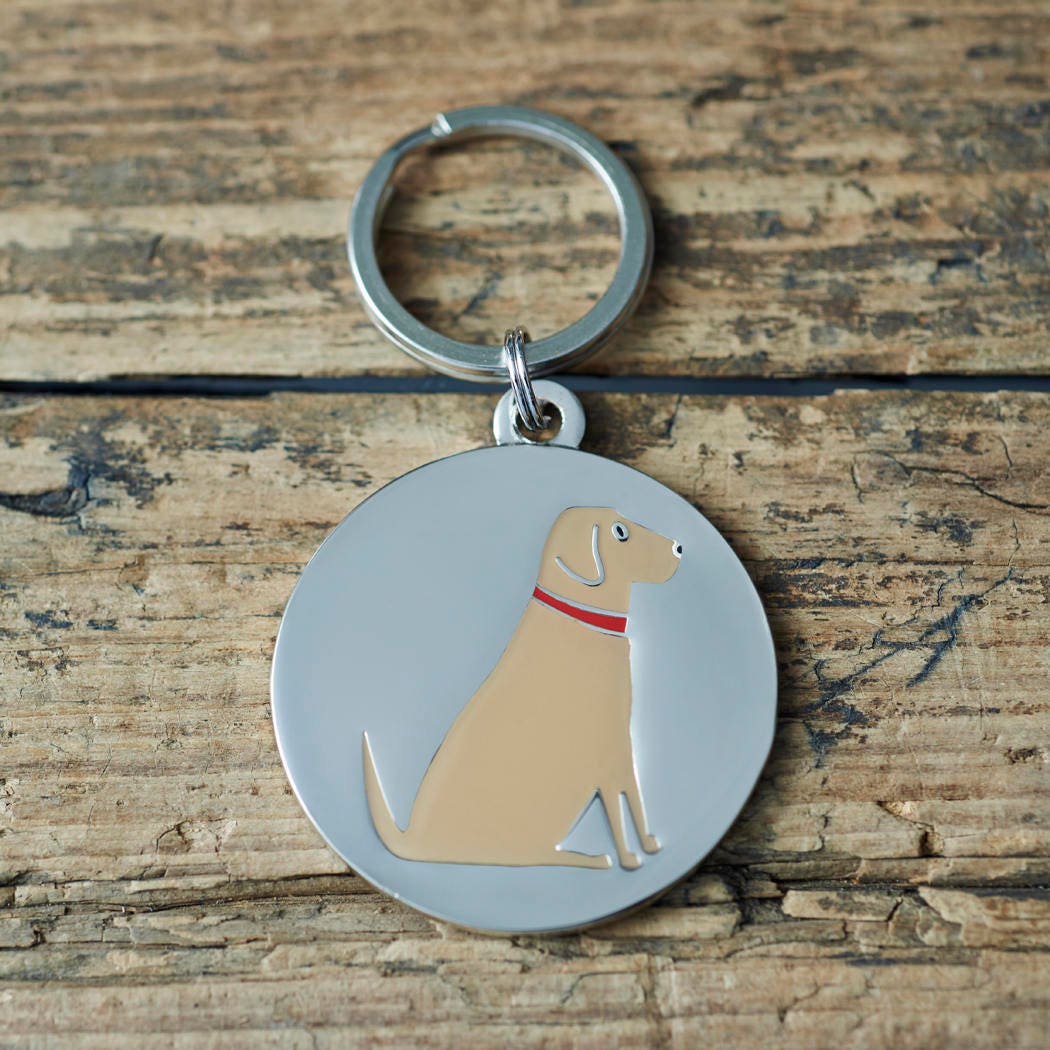 Close-up of Yellow Labrador dog ID tag — silver-plated brass with illustrated Yellow Labrador design, personalised dog tag by Sweet William Designs