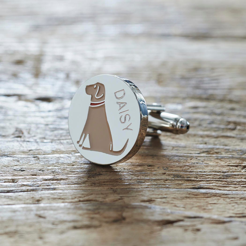 Close-up of personalised Yellow Labrador cufflink engraved with name on rustic wood — silver-plated gift for Yellow Lab owners