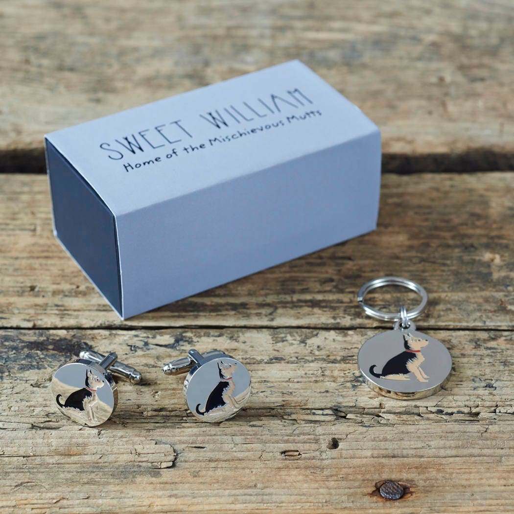 Yorkshire Terrier cufflinks and dog tag set with Sweet William Designs gift box — silver-plated Daddy & Me gift for Yorkie owners