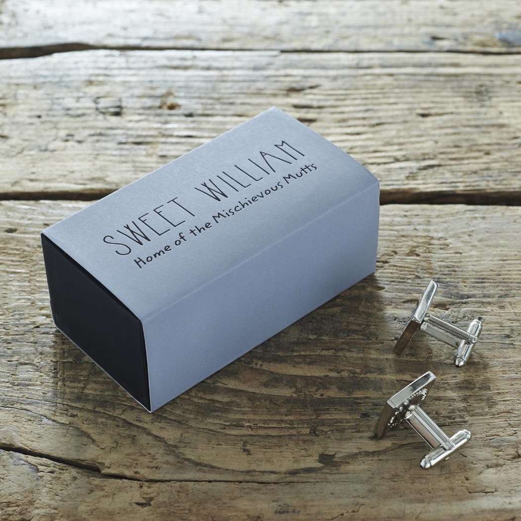 Silver-plated dog cufflinks with Sweet William Designs gift box — personalised dog lover gift, perfect for dog owners