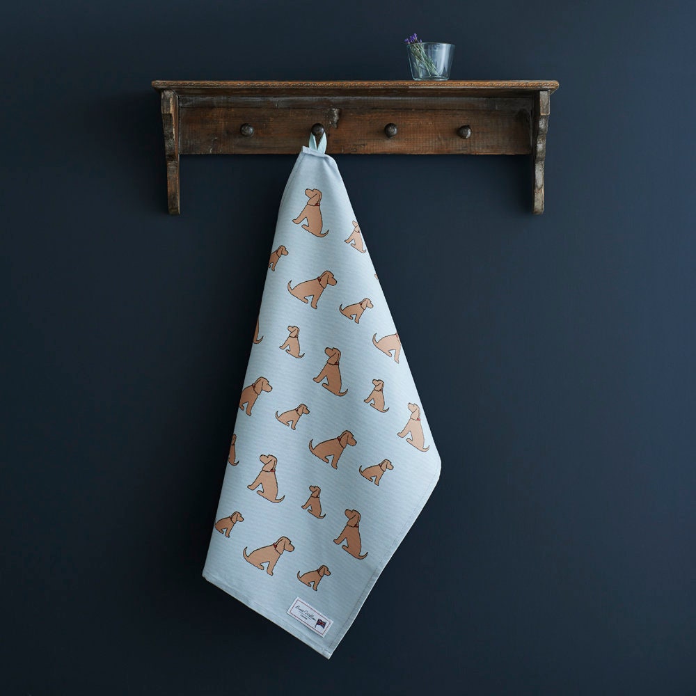 Golden Cocker Spaniel tea towel in thick organic cotton — screen printed Golden Cocker Spaniel illustration, kitchen gift for dog lovers by Sweet William Designs