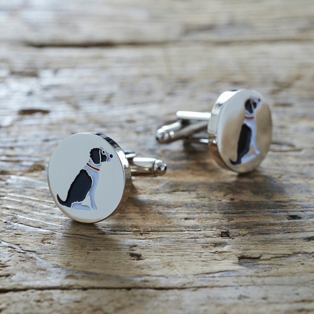 Black & White Springer Spaniel cufflinks on rustic wood — silver-plated with illustrated Springer Spaniel design, dog lover gift by Sweet William Designs