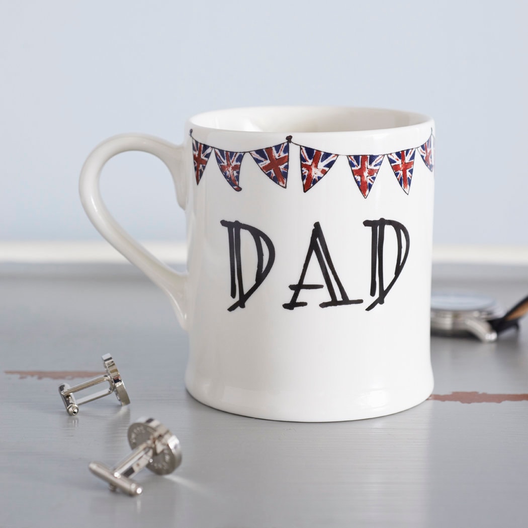 Ceramic Dad mug with hand-drawn Union Jack bunting and cufflinks, a lovely gift for Dad by Sweet William Designs