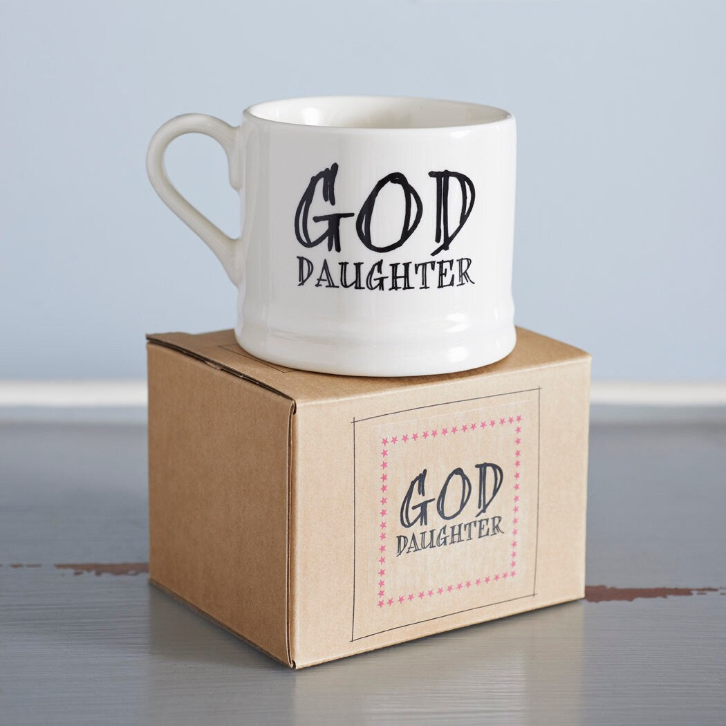 Ceramic “God Daughter” mug displayed on its kraft gift box, a lovely God Daughter gift