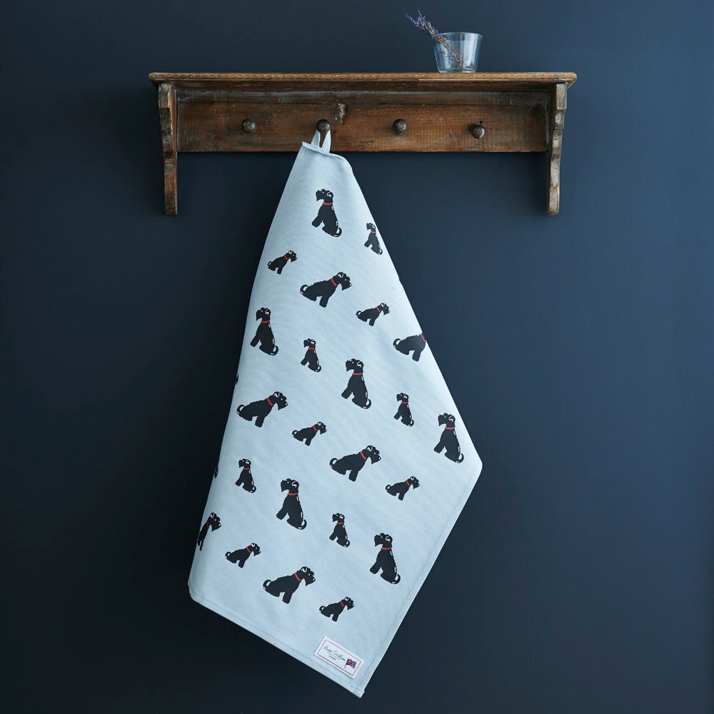 Black Schnauzer tea towel in thick organic cotton — screen printed Black Schnauzer illustration, kitchen gift for dog lovers by Sweet William Designs