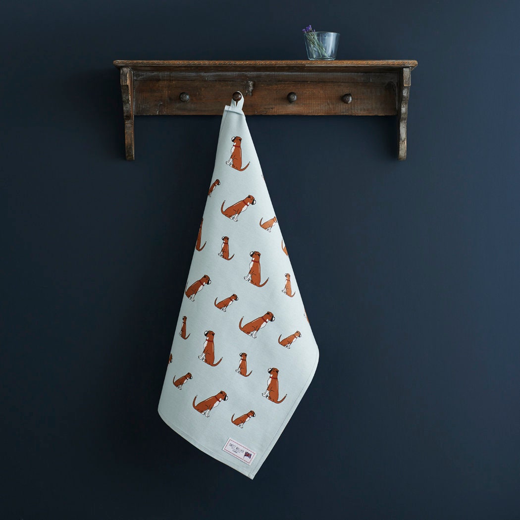 Boxer tea towel in thick organic cotton — screen printed Boxer illustration, kitchen gift for dog lovers by Sweet William Designs