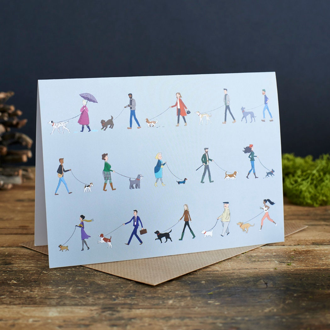 Dog Walkers greeting card standing upright — colourful illustrated dog walkers, perfect gift for dog lovers by Sweet William Designs