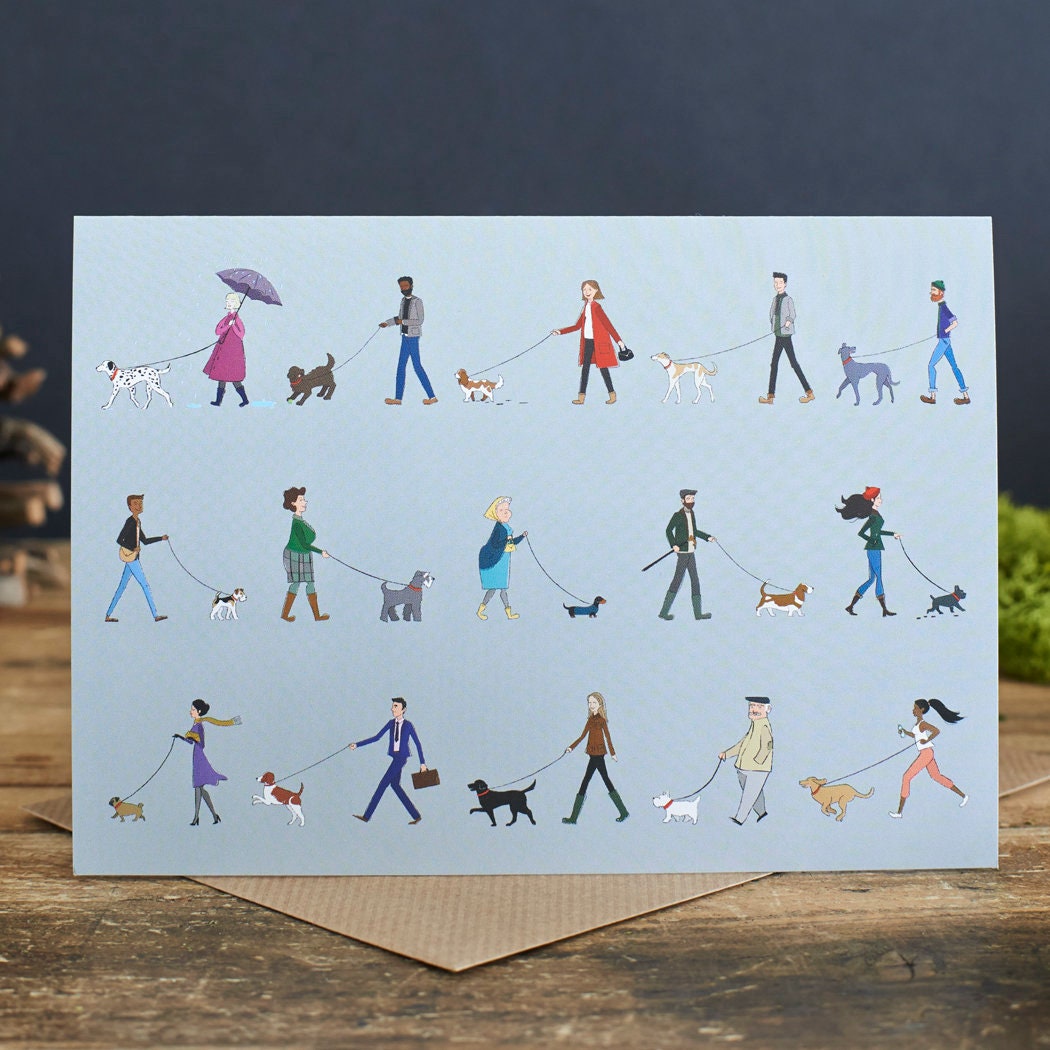 Dog Walkers greeting card — illustrated dog walkers and their dogs on pale grey background, dog lover gift by Sweet William Designs