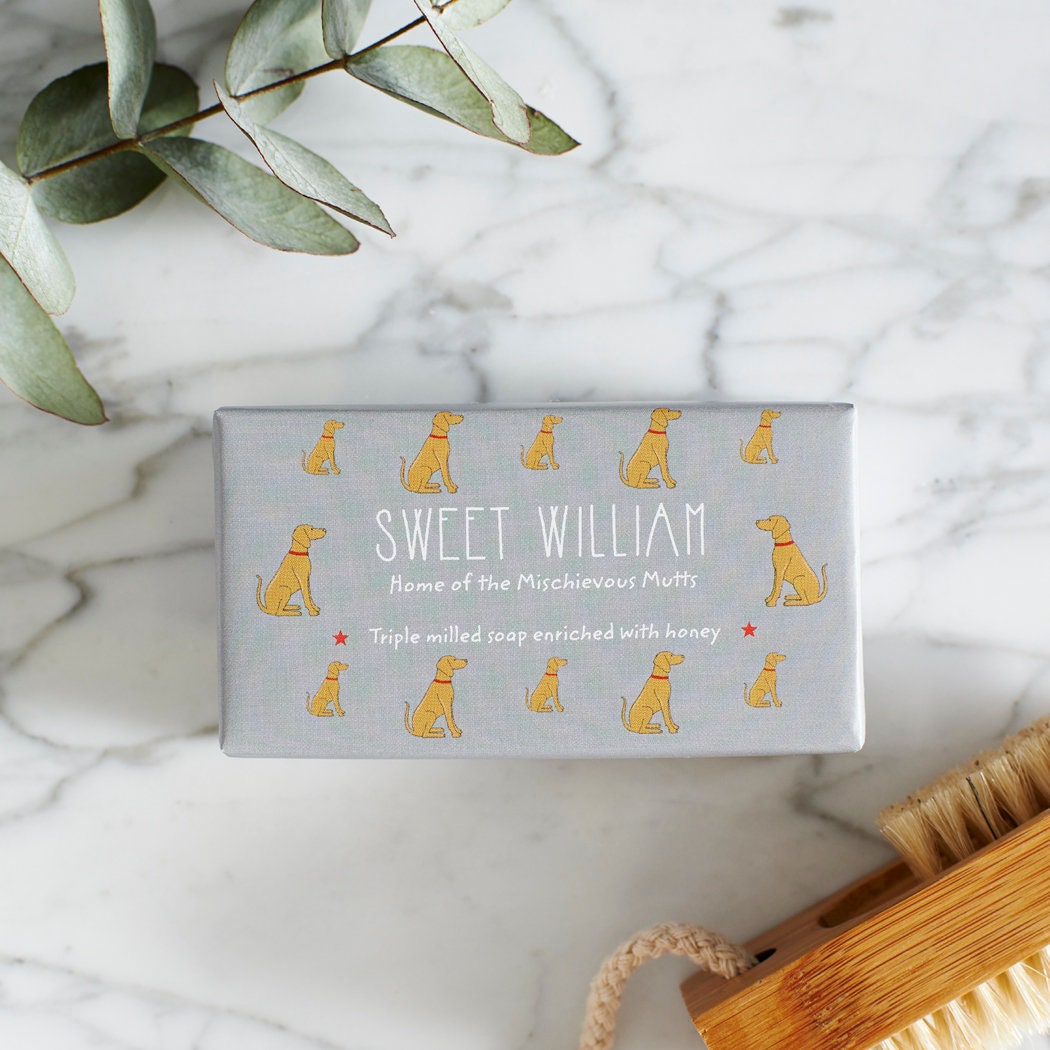Close-up of Vizsla soap packaging — Sweet William triple milled soap enriched with honey, illustrated Vizsla repeat pattern