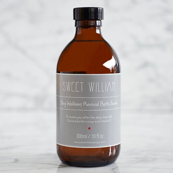 Close-up of Dog Walkers Revival Bath Foam front label — 300ml amber bottle, thoughtful dog walker gift by Sweet William Designs
