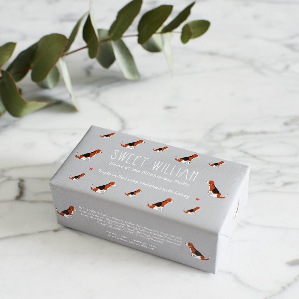 Beagle triple milled soap on marble surface — honey-enriched luxury soap in Beagle illustrated packaging by Sweet William Designs