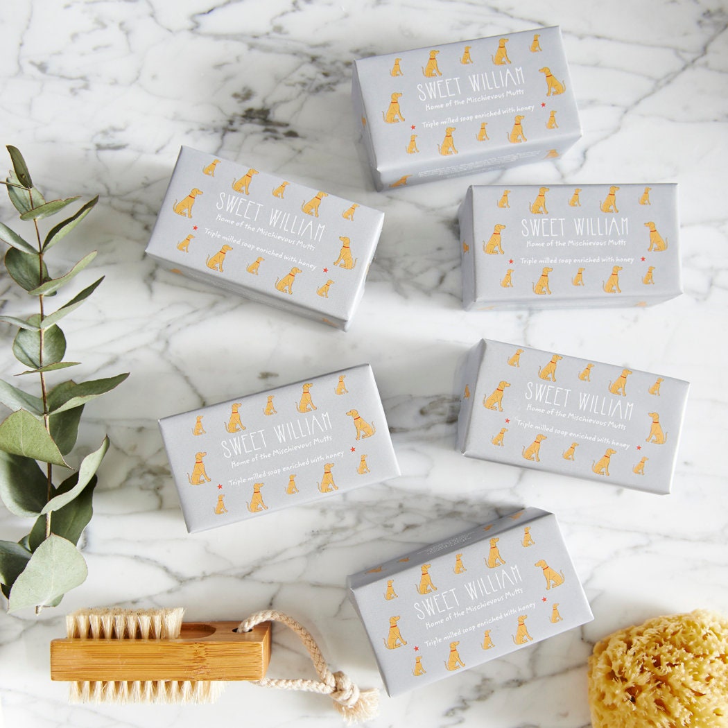 Collection of Vizsla triple milled soaps on marble surface — honey-enriched luxury dog lover gift by Sweet William Designs