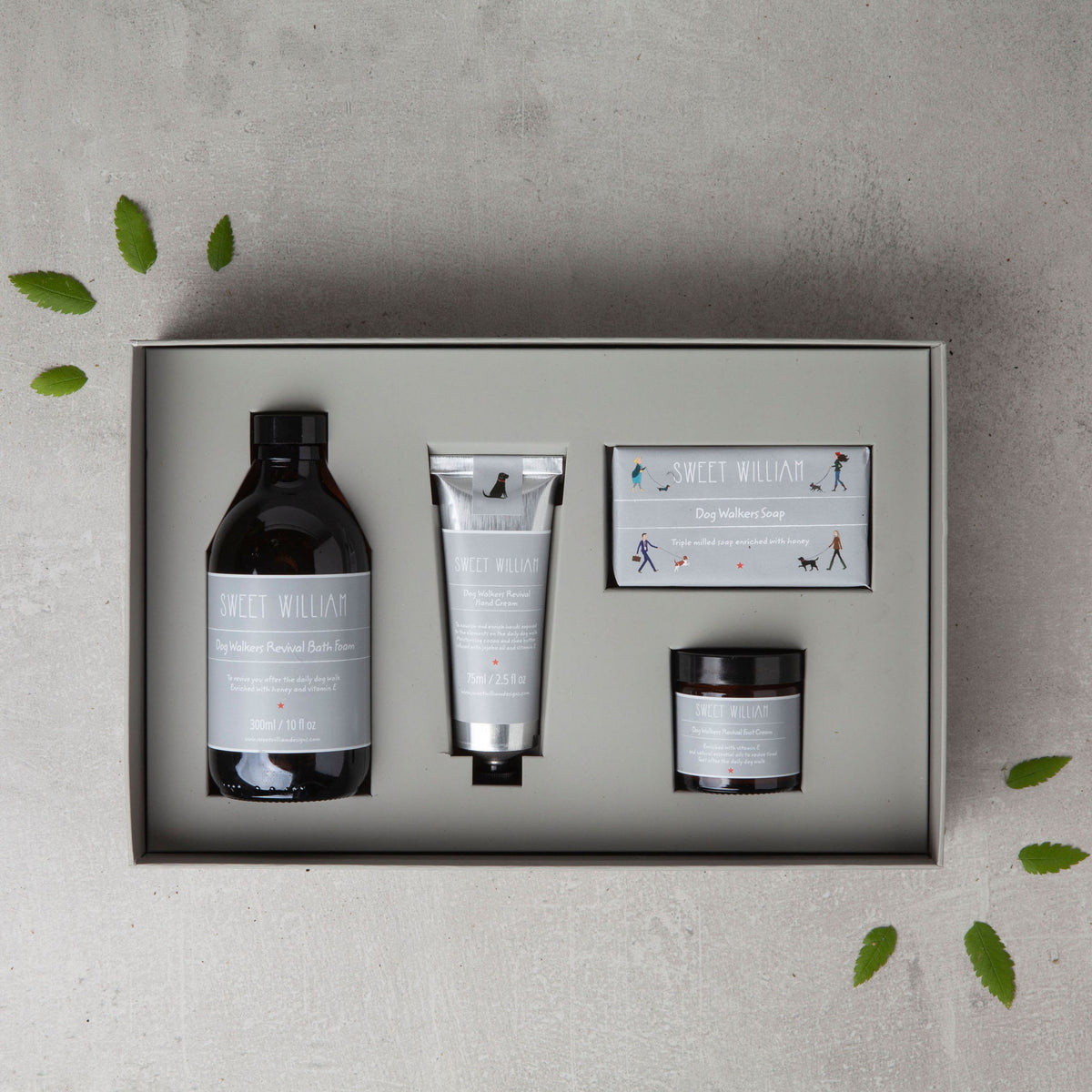 Dog Walkers Revival Kit contents in gift box — bath foam, hand cream, soap and foot cream, luxury dog walker gift by Sweet William Designs