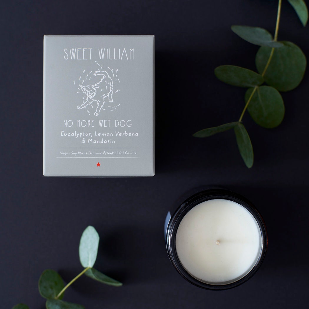 No More Wet Dog organic candle label detail — hand-poured soy candle with playful dog-themed scent, dog lover gift by Sweet William Designs