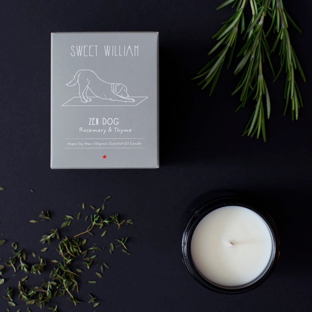 Zen Dog organic candle gift box and soy wax candle with rosemary and thyme — vegan dog lover gift by Sweet William Designs