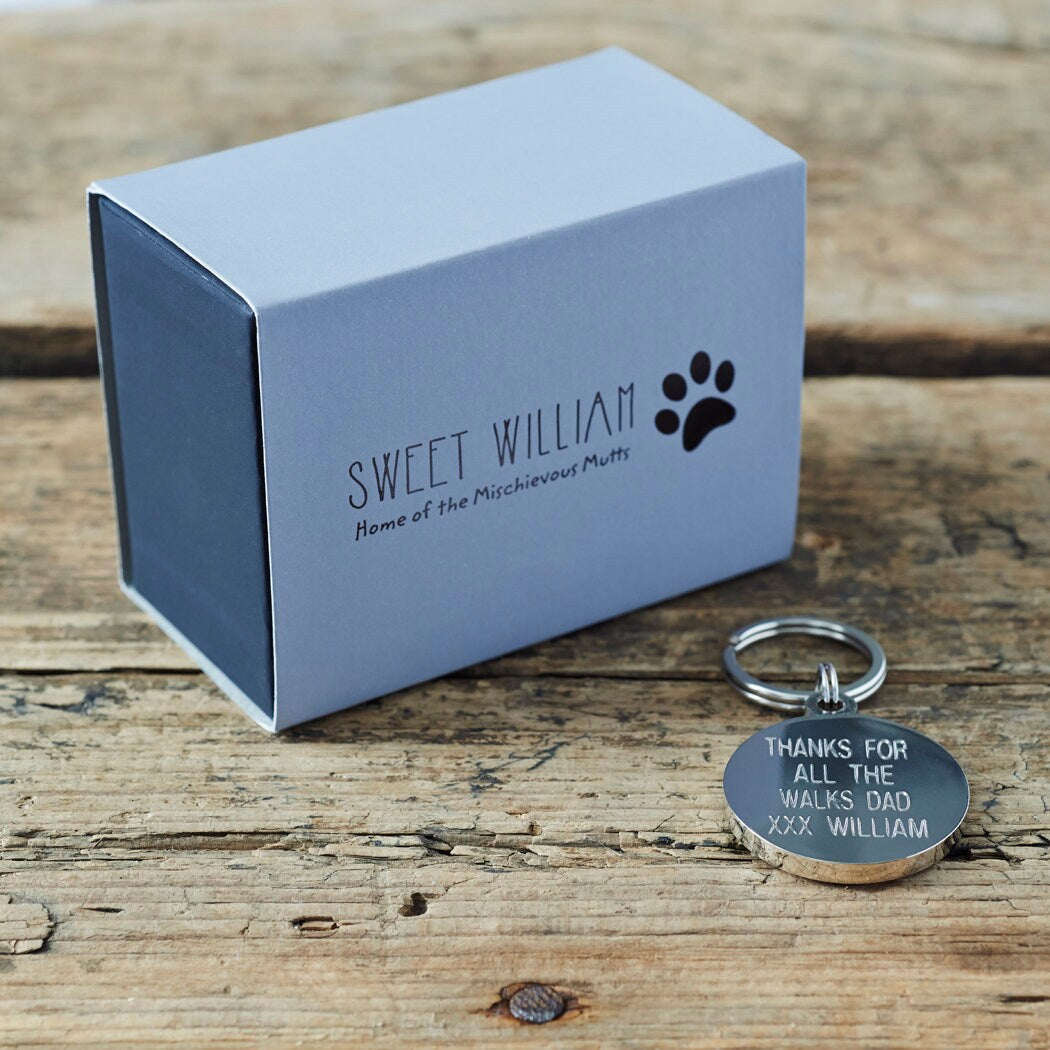 'I'm Kind Of A Big Deal' dog tag with engraved message alongside Sweet William Designs gift box — personalised dog gift