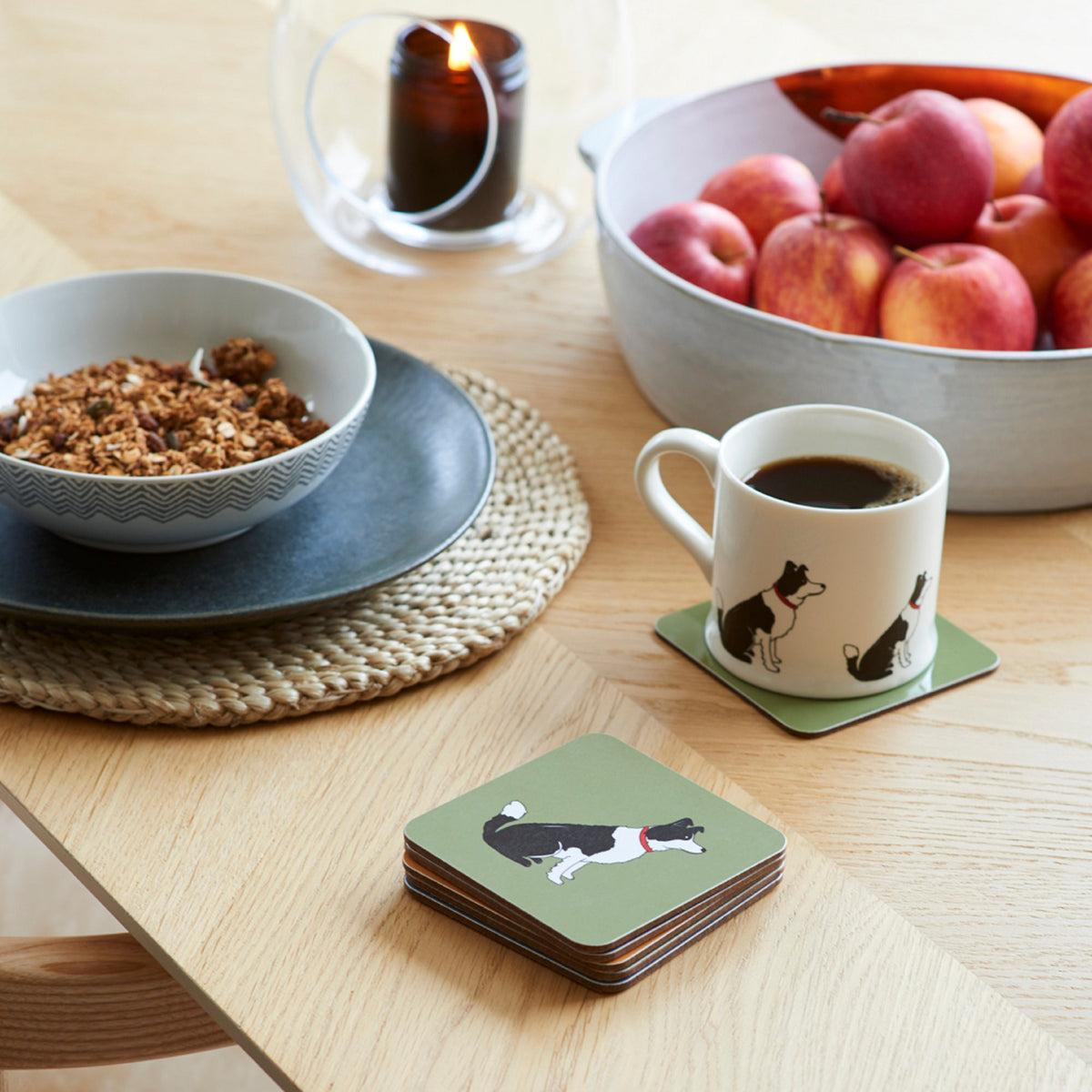 Border Collie coaster on breakfast table — eucalyptus wood with cork backing, dog lover gift by Sweet William Designs