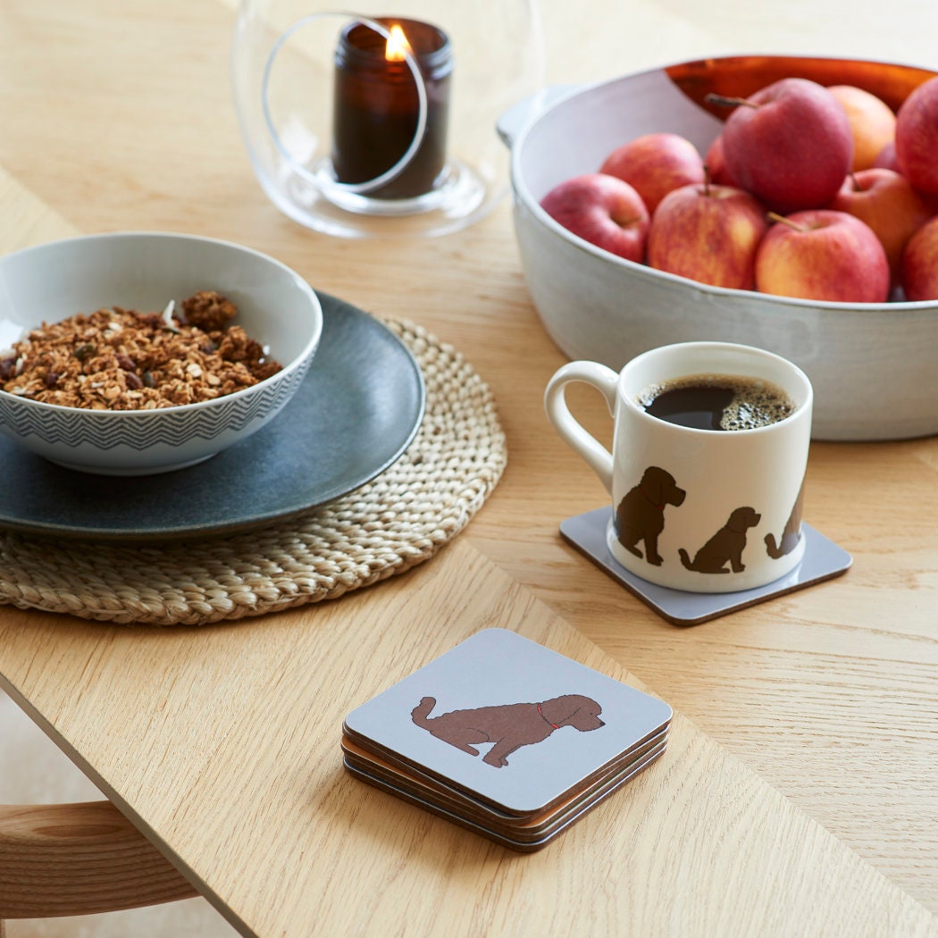 Chocolate Cockapoo / Labradoodle coaster on desk — eucalyptus wood with cork backing, dog lover gift by Sweet William Designs