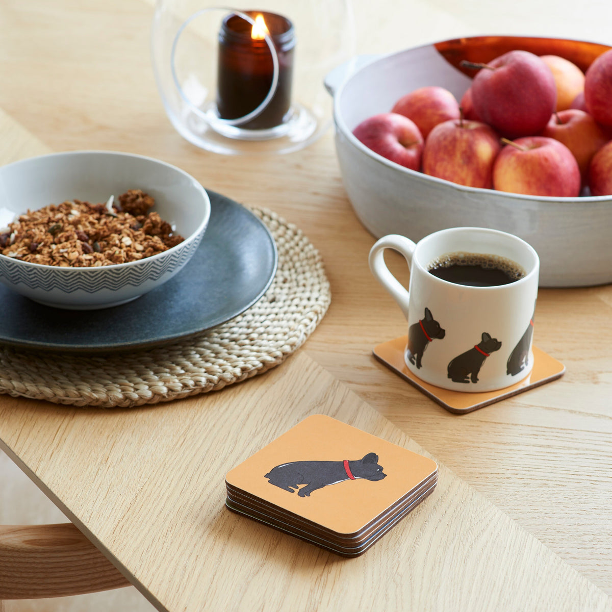 French Bulldog coaster on desk — eucalyptus wood with cork backing, dog lover gift by Sweet William Designs
