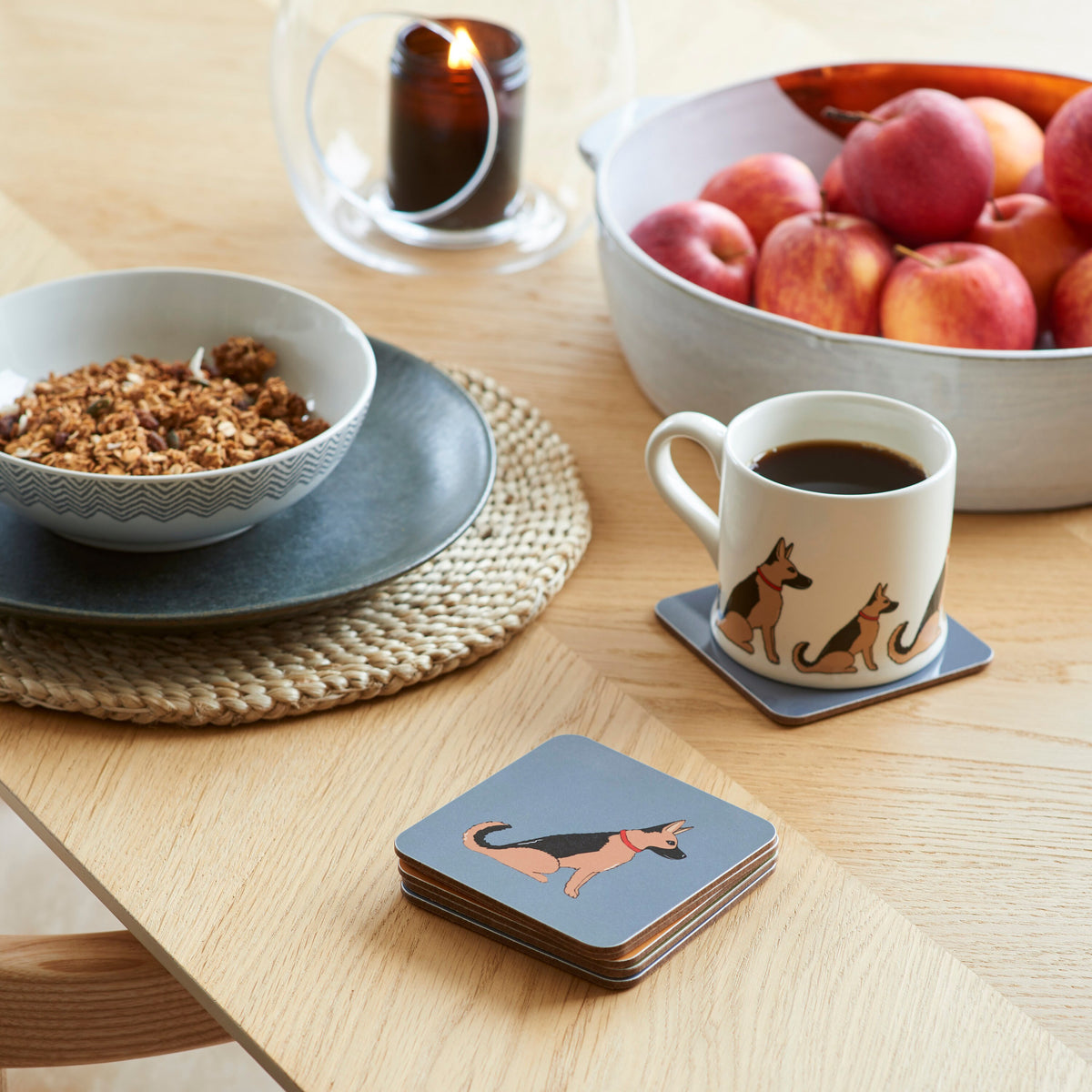 German Shepherd coaster on desk — eucalyptus wood with cork backing, dog lover gift by Sweet William Designs