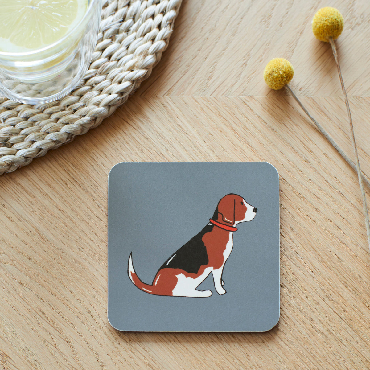 Close-up of Beagle coaster — sustainably sourced eucalyptus wood with cork backing, heat-resistant and easy to wipe clean