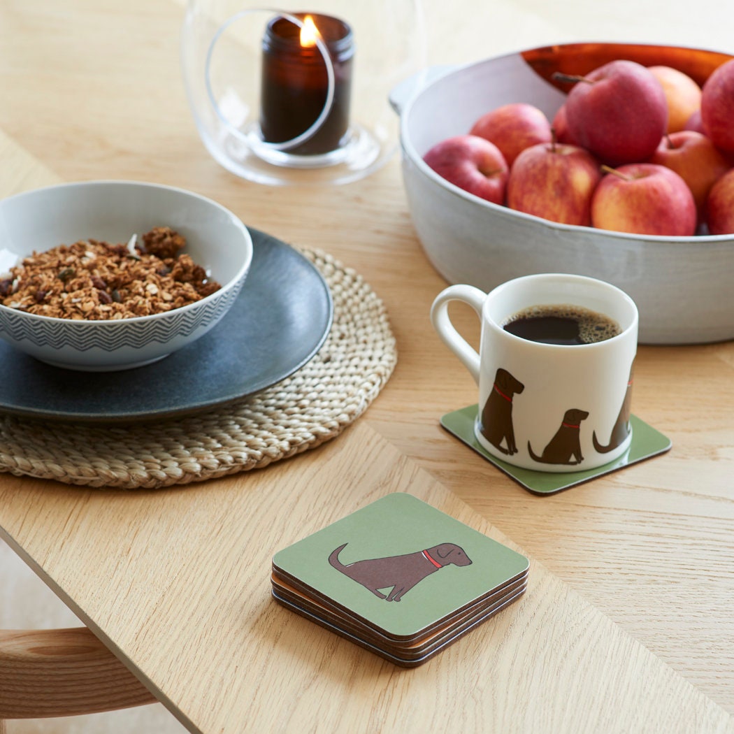 Chocolate Labrador coaster on desk — eucalyptus wood with cork backing, dog lover gift by Sweet William Designs