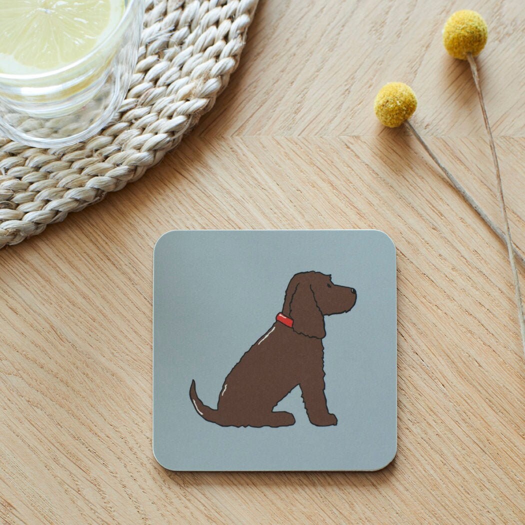 Close-up of Chocolate Cocker Spaniel coaster — sustainably sourced eucalyptus wood with cork backing, heat-resistant and easy to wipe clean