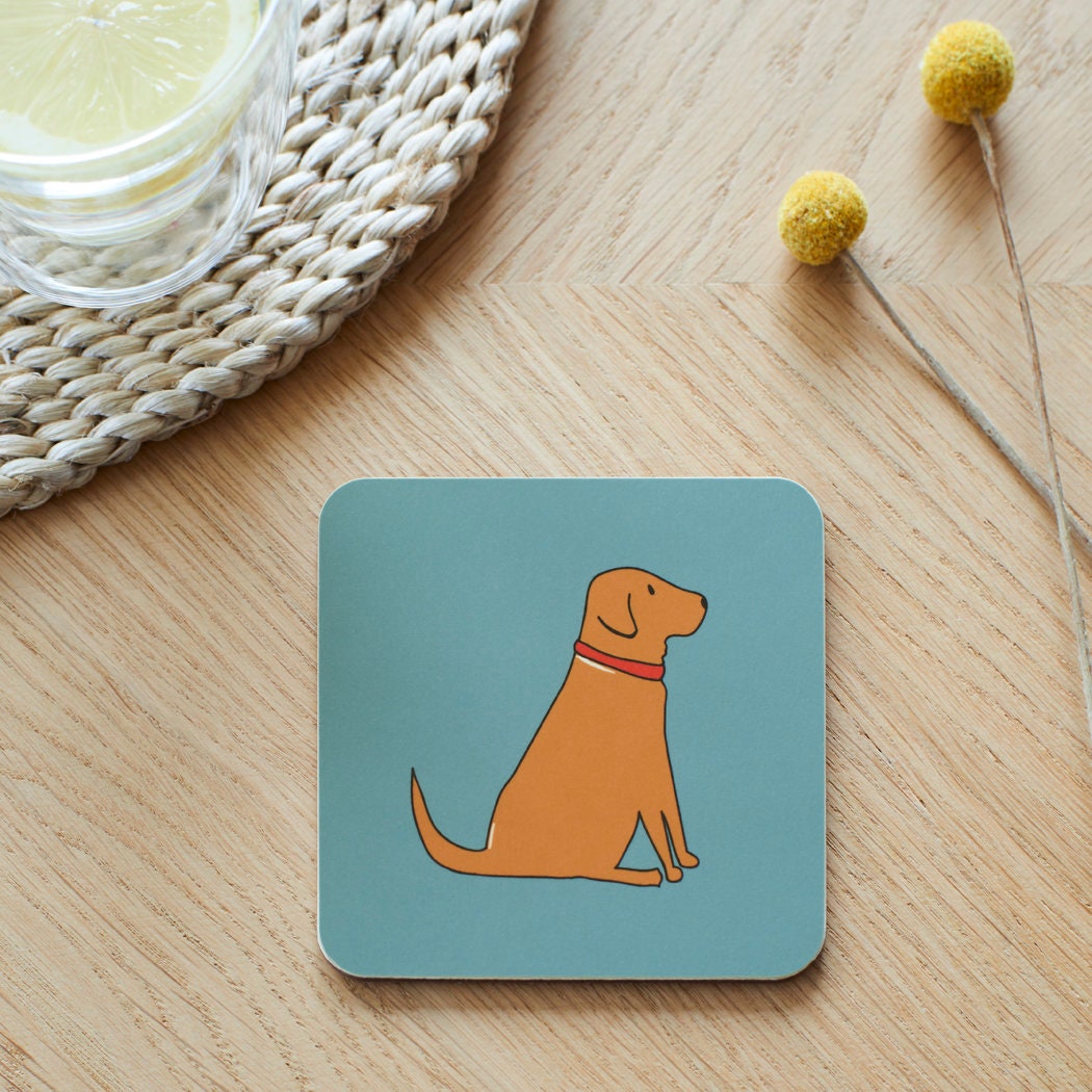 Close-up of Fox Red Labrador coaster — sustainably sourced eucalyptus wood with cork backing, heat-resistant and easy to wipe clean