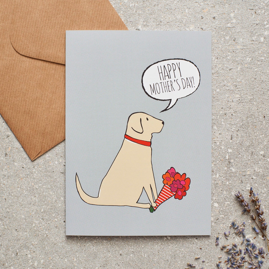 Yellow Labrador Mother's Day card featuring illustrated Yellow Labrador holding flowers — blank inside with optional handwritten message, perfect gift for dog mums