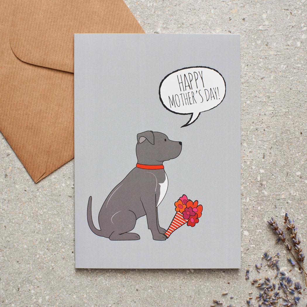 Staffie Mother's Day card featuring illustrated Staffie holding flowers — blank inside with optional handwritten message, perfect gift for dog mums