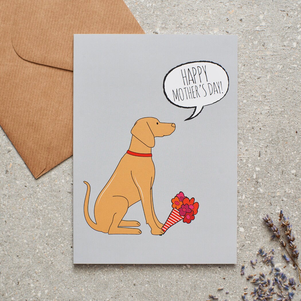 Vizsla Mother's Day card featuring illustrated Vizsla holding flowers — blank inside with optional handwritten message, perfect gift for dog mums