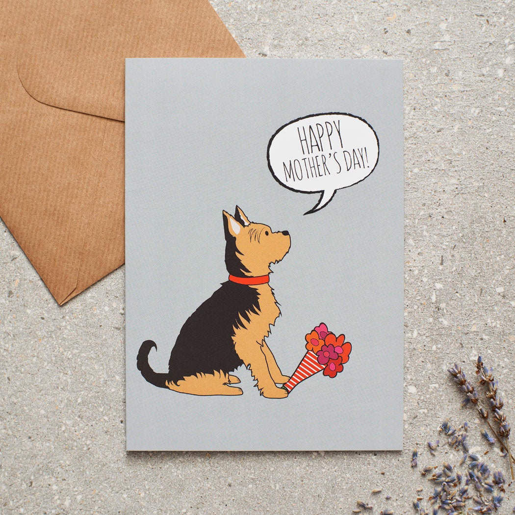 Yorkshire Terrier Mother's Day card featuring illustrated Yorkshire Terrier holding flowers — blank inside with optional handwritten message, perfect gift for dog mums