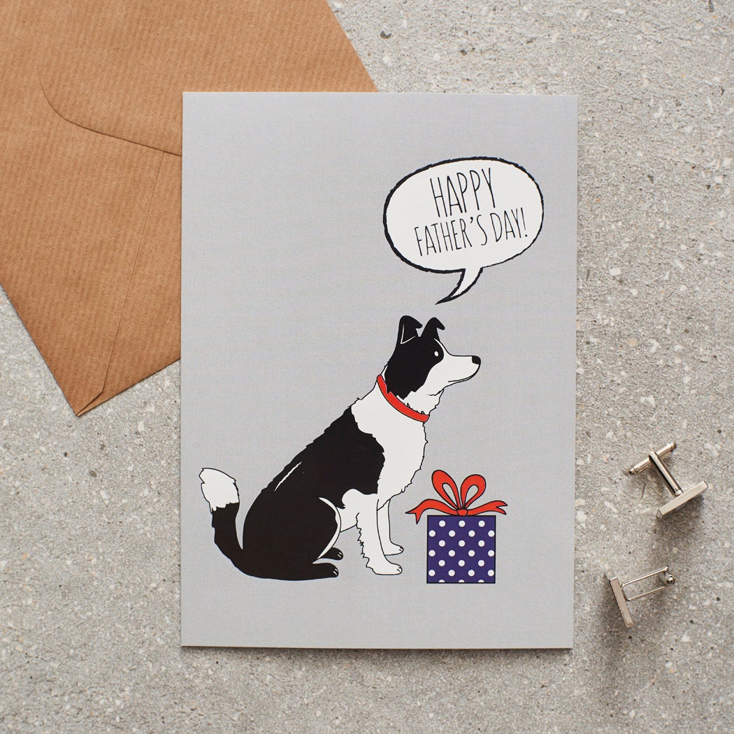 Border Collie Father's Day card — illustrated dog with gift and 'Happy Father's Day' message, dog lover gift by Sweet William Designs