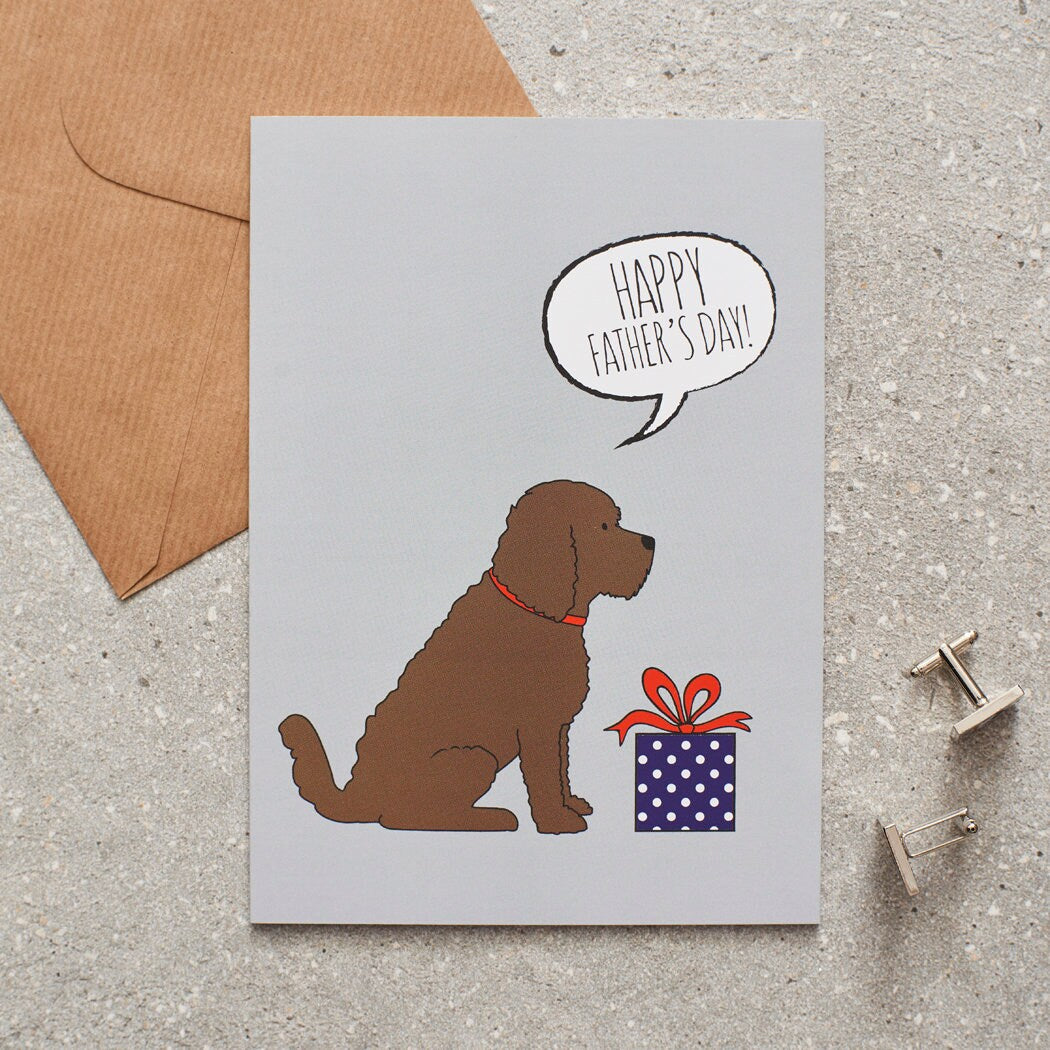 Cockapoo / Labradoodle (Chocolate) Father's Day card — illustrated dog with gift and 'Happy Father's Day' message, dog lover gift by Sweet William Designs