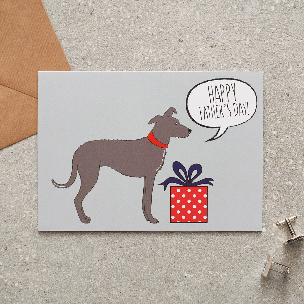 Lurcher Father's Day card — illustrated dog with gift and 'Happy Father's Day' message, dog lover gift by Sweet William Designs