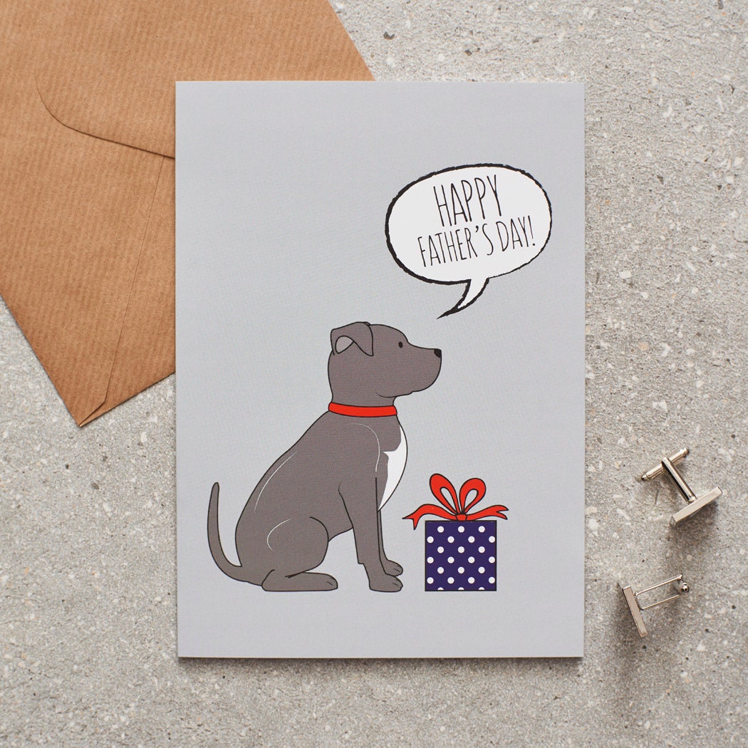 Staffie Father's Day card — illustrated dog with gift and 'Happy Father's Day' message, dog lover gift by Sweet William Designs