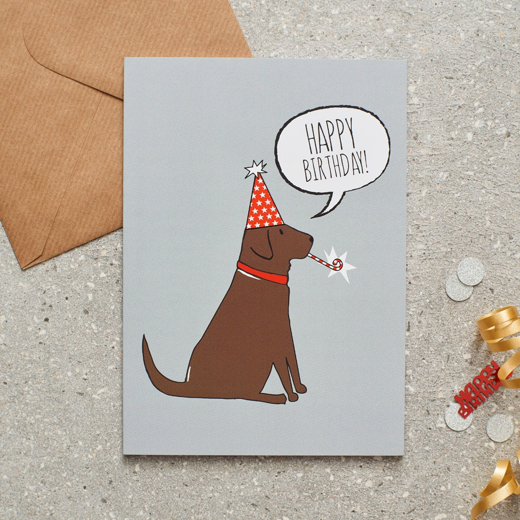 Chocolate Labrador birthday card with illustrated dog design — blank inside, FSC-certified, designed and made in England by Sweet William Designs